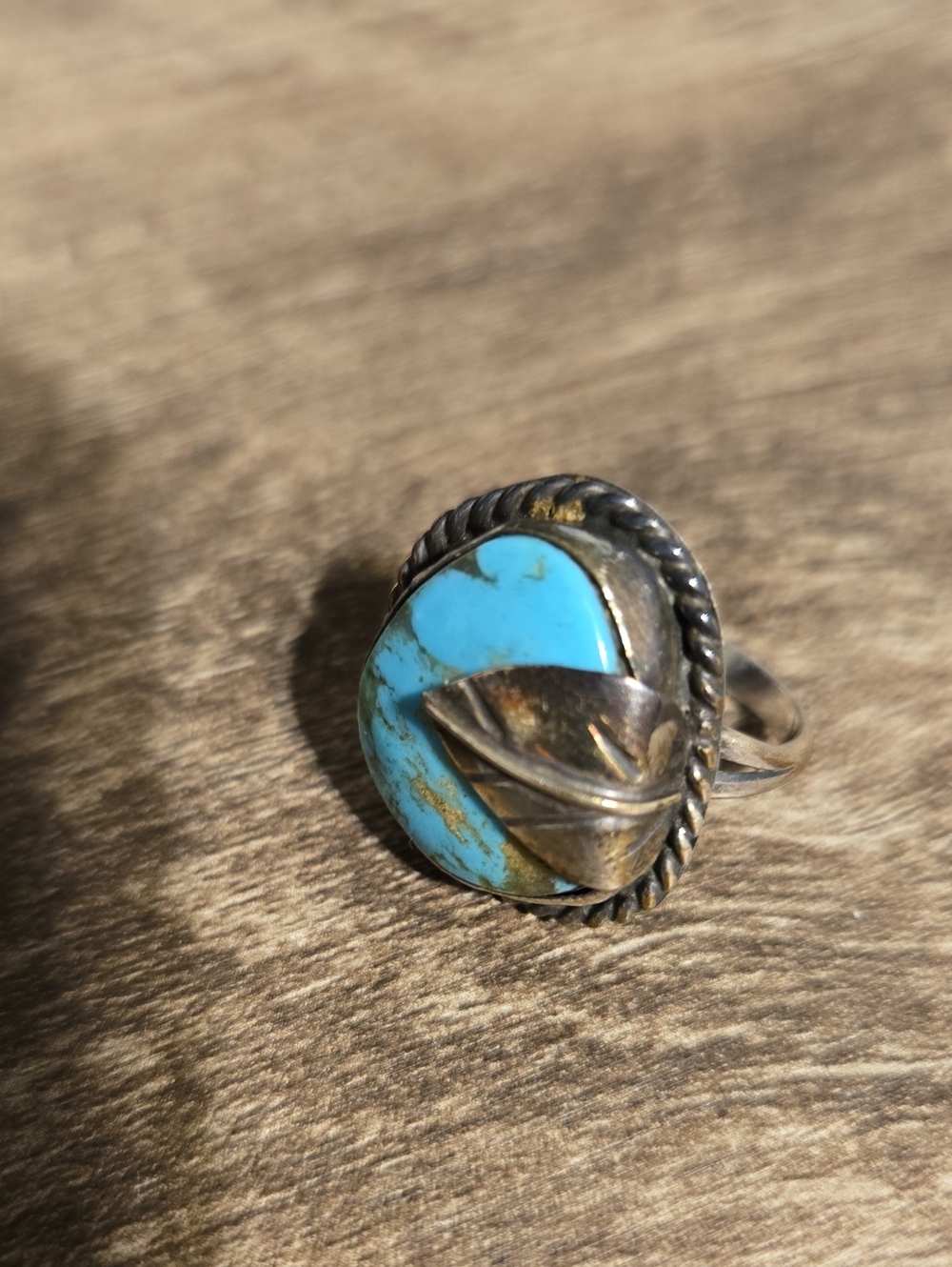 Vintage Navajo Sterling Silver Turquoise Leaf Ring Size 7 Old Pawn Style